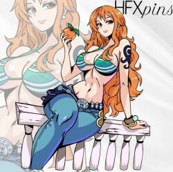 big_breasts bikini female female_only hfxpins jeans nami nami_(one_piece) one_piece orange_hair sitting striped_bikini tangerine_(fruit) tattoo