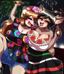 2024 2girls 5_fingers alfa995 animal_ears animal_humanoid animal_tail anthro anthro_only background beer big_boobs big_breasts big_tits black_hair blush blush_lines boobs breast_to_breast breasts brown_fur brown_hair cleavage clothed clothed_female clothing deer dia_de_la_independencia_de_mexico digital_art digital_drawing digital_media digital_painting doe_(alfa995) dress ears female female_only fingers fireworks flush flushed fur furry happy hi_res holidays huge_breasts jean_shorts maria_(alfa995) mexican open_mouth smile tail tan_fur teeth thick_thighs tits tongue