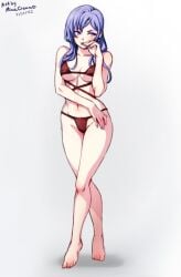 1girls artist_name bare_legs bare_shoulders barefoot bra breasts collarbone dated eyeshadow female female_only fire_emblem fire_emblem:_three_houses genderswap_(mtf) grey_background legs makeup medium_breasts medium_hair minacream nail_polish nintendo panties purple_eyes purple_hair purple_nails red_panties rule_63 shoulders smile solo underboob underwear yuri_leclerc