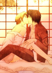 2boys artist_request bare_shoulders black_hair blonde_hair closed_eyes futon highres human human_only indoors kaname_tanuma kissing male male_only multiple_boys multiple_males natsume_takashi natsume_yuujinchou neck off_shoulder open_clothes open_shirt school_uniform shirt short_hair sitting takashi_natsume tanuma_kaname undressing yaoi