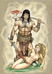 1boy 1girls abs artist_name axe black_hair blonde_hair body_hair breasts conan conan_the_barbarian_(series) earrings female green_eyes hairy_male hoop_earrings human loincloth long_hair_female long_hair_male male manly mature_male melee_weapon muscles muscular_male necklace nipples no_visible_genitalia pecs rubus straight sword topless veiny_muscles