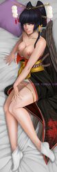 ankle_socks anklehighs bed big_breasts black_hair breasts dakimakura dead_or_alive demon dress erection female female_only flesh-amare hair light_skin lying lying_down medium_breasts nyotengu outfit pillow pink_eyes smile socks solo suit tengu tongue_out white_socks wings