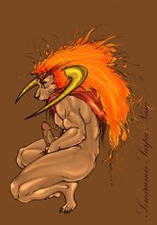 1boy artist_request claws demon feline final_fantasy horns ifrit ifrit_(final_fantasy) male male_only mane monster muscular nipple_piercing penis red_fur solo squatting