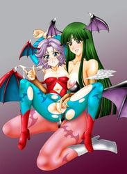 censored clothing cosplay darkstalkers large_breasts latooni_subota lilith_aensland morrigan_aensland ouka_nagisa rainkeru small_breasts super_robot_wars torn_clothes video_games yuri