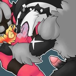 2boys altenusy animal_genitalia anthro ass claws duo erection feline fellatio fur furry gay humanoid_penis incineroar male male_only mammal muscular muscular_male nintendo nude obstagoon open_mouth oral penis pokémon_(species) pokemon pokemon_sm pokemon_ss red_body red_fur simple_background teeth video_games