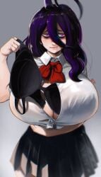 bags_under_eyes big_breasts black_bra bra bra_removed button_gap cleavage eye_bags faren_(lero_ray) female female_only fully_clothed holding_bra huge_bra huge_breasts hyper_breasts noblood original original_character pink_eyes purple_hair removing_bra school_uniform see-through see-through_clothing thick_thighs uniform voluptuous wide_hips