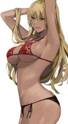 1girls alternate_costume armpits arms_behind_head arms_up ass ass_cleavage ass_crack bangs bare_shoulders beauty_mark bikini black_bikini black_swimsuit blonde_hair breasts brown_eyes butt_crack cleavage collarbone dark-skinned_female dark_skin female female_only fire_emblem fire_emblem:_the_binding_blade highres igrene_(fire_emblem) j@ck large_breasts long_hair looking_to_the_side mole mole_under_eye nintendo red_bikini red_swimsuit smile solo swimsuit thighs two-tone_bikini underboob