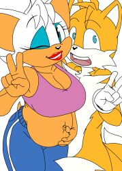 aged_up anthro duo female furry furry_only lipstick male mom_bod older_female peace_sign pregnant rouge_the_bat selfie smile sonic_(series) tails the-unicorn-lord wink younger_male