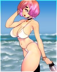 beach bikini cheunchin huge_breasts original original_character pink_hair seaside short_hair side_view thick_thighs voluptuous