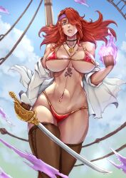 bikini fingerless_gloves fit_female green_eyes hair_over_one_eye holding_weapon huge_breasts kachima long_hair magic navel_piercing original original_character pirate red_hair sword thighhighs