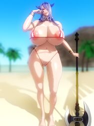 1girls 286c 3d alternate_costume alternate_version_available axe beach bikini breasts brown_eyes camilla_(fire_emblem) curvy female female_only fire_emblem fire_emblem_fates gigantic_breasts hair_over_one_eye horns hourglass_figure huge_breasts long_hair looking_at_viewer micro_bikini nintendo nipples ocean outdoors purple_hair red_bikini red_swimsuit solo swimsuit voluptuous weapon white_bikini wide_hips