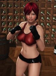 3d black_hair cleavage dead_or_alive erect_nipples furbs3d gloves hazel_eyes large_breasts mila_(doa) multicolored_hair nipple_bulge pokies red_hair see-through_top short_hair spats sports_bra sportswear thick_thighs wine_bottle