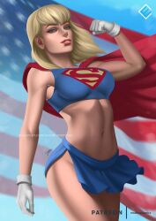 belly blonde_hair blue_eyes dc dc_comics evandromenezes fit_female flexing gloves kryptonian large_breasts long_hair looking_at_viewer miniskirt supergirl superman_(series)