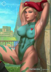 armpits arms_above_head beret blonde_hair blue_eyes boots cammy_white camo_print capcom erect_nipples evandromenezes fit_female leotard long_hair panties scar skin_tight street_fighter thick_thighs twintails