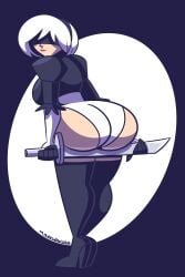 1girls android ass ass_support big_ass blindfold bubble_butt clothing fat_ass female female_only huge_ass leotard looking_at_viewer looking_back mythabyss nier:_automata robot robot_girl solo sword thick_thighs thighhighs weapon white_hair wide_hips yorha_2b