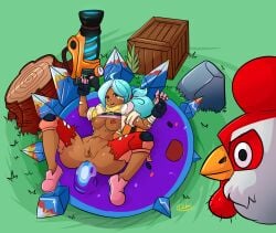 anal anal_sex beatrix_lebeau_(slime_rancher) black_eyes blue_hair chubby_female crystal_slime dark-skinned_female slime_monster slime_rancher spread_legs thick_thighs