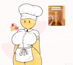 1girls 2022 artist_name big_breasts black_eyes blush blushing_at_viewer breasts cake chef chef_hat chef_uniform clothed clothed_female cute doughpuncher emoji eyelashes fanart female_only hands_behind_back heart hips huge_breasts humanoid looking_at_viewer magthender meme mouthless no_mouth outline pupilless_eyes roblox roblox_avatar robloxian simple_background solo solo_female thick thick_ass thick_thighs twitter_username watermark white_background white_hat white_shirt wide_hips yellow_body yellow_skin