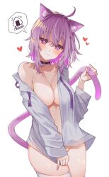 ahoge animal_ear_fluff animal_ears bangs black_choker blush breasts cat_ears cat_girl cat_tail choker closed_mouth cowboy_shot female grey_shirt heart heart-shaped_pupils highres holding_own_tail hololive hololive_gamers hololive_japan large_breasts long_sleeves looking_at_viewer medium_hair nail_polish naked_shirt navel nekomata_okayu onigirya_(nekomata_okayu) open_clothes open_shirt purple_eyes purple_hair purple_ribbon ribbon shirt simple_background solo spoken_character standing symbol-shaped_pupils tail thighhighs uo_illust virtual_youtuber white_background white_thighhighs