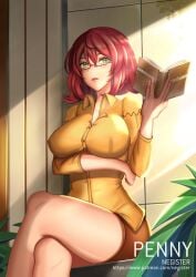 1girls big_breasts breasts crossed_legs female female_only glasses green_eyes holding_book holding_object light-skinned_female looking_at_viewer negister penny_(stardew_valley) red_hair sitting solo solo_female stardew_valley thick_thighs yellow_shirt