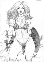 1girls black_and_white chainmail chainmail_bikini cleavage fit_female gloves holding_weapon joe_lima large_breasts loincloth long_hair red_sonja red_sonja_(comics) shield shoulder_armor thick_thighs