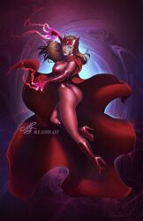 1girls ass avengers brown_hair bubble_butt cape cleavage female female_only fully_clothed glowing_eyes headwear high_heel_boots large_breasts leotard long_hair marvel marvel_comics mrgunnart scarlet_witch skin_tight solo voluptuous wanda_maximoff