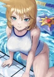 1girls alternate_breast_size bangs bare_arms blonde_hair breasts climbing clothed commentary_request creatures_(company) fagi_(kakikaki) female game_freak gen_1_pokemon getting_out_of_pool green_eyes kasumi_(pokemon) large_breasts looking_at_viewer misty_(pokemon) misty_(pokemon_hgss) nintendo one-piece_swimsuit parted_lips pokemon pokemon_(game) pokemon_(species) pokemon_hgss pool shiny shiny_hair short_hair starmie swimsuit tomboy water wet white_swimsuit