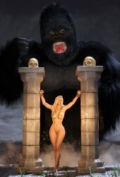 1girls 3d ann_darrow blonde_hair bondage child_bearing_hips completely_nude giant_male gorilla hourglass_figure janus3003 kaiju king_kong king_kong_(series) large_breasts long_hair macro_male micro_female micro_on_macro naked nude nude_female tied_up