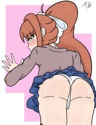 5_fingers ass blue_skirt doki_doki_literature_club long_hair moldybagelhere monika_(doki_doki_literature_club) panties pantyshot pantyshot_(standing) school_uniform schoolgirl signature skirt white_panties