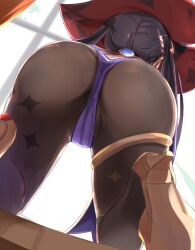 1girls 2022 ass ass_focus ass_shot back back_view bending_over black_hair bubble_butt clothed clothed_female female female_only genshin_impact hat highleg_leotard huge_ass large_hat leggings leotard long_hair mona_(genshin_impact) mona_ass purple_leotard tights tomas_(kaosu22) twintails witch_hat