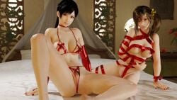 2girls 3d bed birthday_gift black_hair blue_eyes brown_eyes brown_hair dead_or_alive dead_or_alive_xtreme_venus_vacation deluwyrn female female_only inviting kokoro_(doa) large_breasts looking_at_viewer misaki_(doa) ribbons side_ponytail sitting_on_bed voluptuous