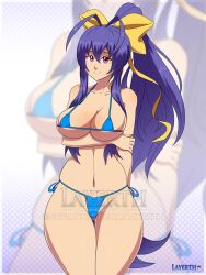 arm_under_breasts bikini blazblue hairbow huge_breasts layerth long_hair looking_at_viewer mai_natsume maroon_eyes ponytail purple_hair thick_thighs voluptuous