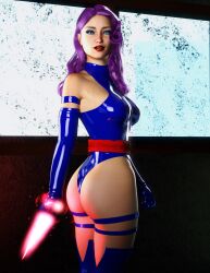 1girls 3d asian asian_female ass blue_eyes bubble_butt female female_only janus3003 leotard looking_at_viewer marvel marvel_comics original_character psylocke_(cosplay) purple_hair solo x-men