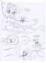 breasts cala_maria canon_couple cuphead_(game) dominant_female female femdom giantess gorgon heart height_difference huge_breasts malesub medusa mermaid mugman romantic_couple scar size_difference submissive_male wide_hips