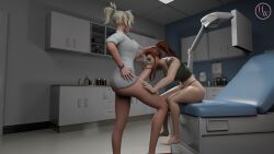 1futa 1girls 3d big_penis blonde_hair blowjob brigitte brigitte_lindholm brown_hair doctor futa_on_female futanari grabbing grabbing_hair grabbing_hand grabbing_head hornywitches3d mercy overwatch penis