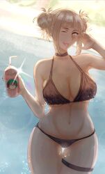 1girls amber_eyes bikini blonde_female blonde_hair cleavage fangs hairbun himiko_toga holding_cup large_breasts my_hero_academia one_eye_closed thick_thighs voidmakerz voluptuous