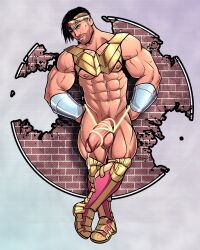 blitzturner boner dc dc_comics erect_penis erection hard_on lasso lasso_of_truth leaning_against_wall male male_only muscles muscular muscular_male precum_drip superhero uncut veiny_penis wonderous_man