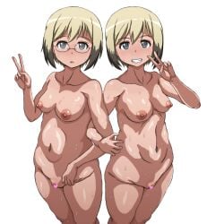 2girls areolae arobiro blonde_hair breasts censored erica_hartmann glasses naked nipples shiny_hair shiny_skin small_breasts strike_witches twins ursula_hartmann wet world_witches_series