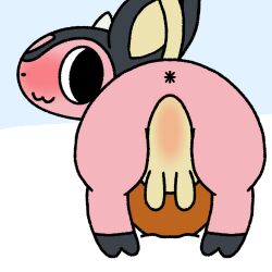 1:1 acorn ambiguous_gender anonymous_artist anus ass balls big_balls blush bodily_fluids bovid bovine cattle fan_character featureless_crotch feral food from_behind_position fruit genitals hi_res ice looking_at_viewer male mammal milky_(miltank) miltank nintendo nut_(fruit) plant pokémon_(species) pokemon rear_view sex simple_background simple_coloring smug solo teats udders video_games winter