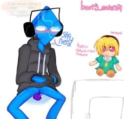 angry anthro blue_body blush blush_lines booty_eater69 controller cuntboy cuntboy_only dave_and_bambi_mod diamond_man dildo headset intersex masturbation partially_clothed pussy simple_background spread_legs text watermark white_background