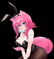 1girls anime_onegai big_breasts black_background blue_eyes blush bunny_ears bunnysuit cat_ears cat_tail catgirl cleavage dengeki_onegai female_only looking_at_viewer lowres medium_hair nyami_g pink_hair smiling_at_viewer