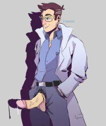 dr._sakuragi fabssdaf glasses male male_focus male_only penis_out pokemon precum precum_drip professor_cerise sakuragi_(pokemon)