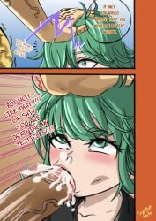 1girls :>= big_penis blowjob blowjob_face female green_eyes green_hair male one-punch_man petite petite_body petite_female saitama surprise_party tatsumaki