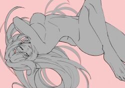 arched_back closed_eyes female female_only floating hair_ornament knee_up layla_alstroemeria medium_breasts monochrome nijisanji nijisanji_id nijisanji_indonesia nude solo solo_focus very_long_hair virtual_youtuber