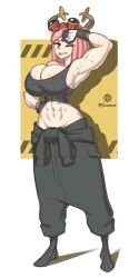 1girls abs big_breasts bottomwear breasts female female_only full_body goggles goggles_on_head huge_breasts mei_hatsume muscle muscles muscular muscular_female my_hero_academia onaeane one_eye_closed pink_hair solo solo_female sweat sweatdrop topwear yellow_eyes