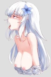 1girls breasts breasts_out eyebrows_visible_through_hair female_only light-skinned_female light_skin lize_helesta mm_(mm_chair) nijisanji open_mouth pink_eyes pink_nipples saliva simple_background solo solo_female tongue tongue_out virtual_youtuber vtuber white_hair