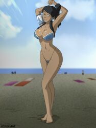 1girls armpits arms_behind_head avatar_the_last_airbender beach big_breasts bikini black_hair blue_bikini blue_swimsuit breasts busty dark-skinned_female female female_only korra large_breasts legs nickelodeon ocean ponytail pose posing sensual smile swimsuit the_legend_of_korra thighs thong_bikini water xcdeviant