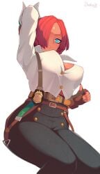 belt big_breasts brazilian brazilian_female breasts buttoned_shirt buttons darahan dark-skinned_female dark_skin detective female ginger giovanna_(guilty_gear) gloves guilty_gear hips large_breasts orange_hair red_hair thick thick_ass thick_thighs