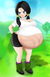 1girls belly big_belly big_breasts black_hair breasts cleavage dragon_ball dragon_ball_z female large_breasts nipple_bulge pregnant shab-eru shoes twintails videl