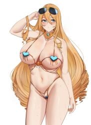 1girls alternate_costume areola_slip areolae bangs bare_shoulders big_breasts bikini blonde_hair blue_eyes blush breasts charlotte_(jewelry_bikini)_(last_origin) charlotte_(last_origin) cleavage clothing collar collarbone drill_hair eyebrows_visible_through_hair eyelashes eyewear female female_focus female_only g-string gongba_laoge hair_between_eyes hand_in_hair highres hips huge_breasts human jewelry large_breasts last_origin light-skinned_female light_skin looking_to_the_side micro_bikini navel official_alternate_costume pinup revealing_clothes sideboob simple_background skimpy solo sunglasses sunglasses_on_head sweat sweatdrop swimsuit thick_thighs thighs thong underboob venus_bikini very_long_hair voluptuous white_background