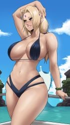 1girls 2023 absurd_res bikini black_bikini blonde_female blonde_hair boat breasts brown_eyes echosaber fat_breasts female flat_belly forehead_mark hips huge_breasts long_hair mature_female milf naruto naruto_(series) naruto_shippuden on_boat outdoors slim_waist smile solo thick_thighs thighs tsunade wide_hips